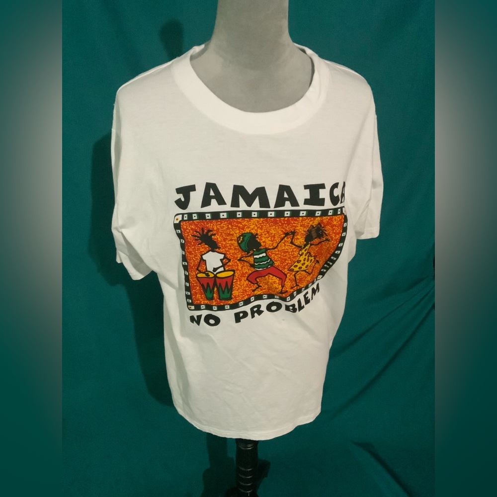 Women’s XXL White Jamaica Graphic T-Shirt, black/orange accents, worn once, EUC